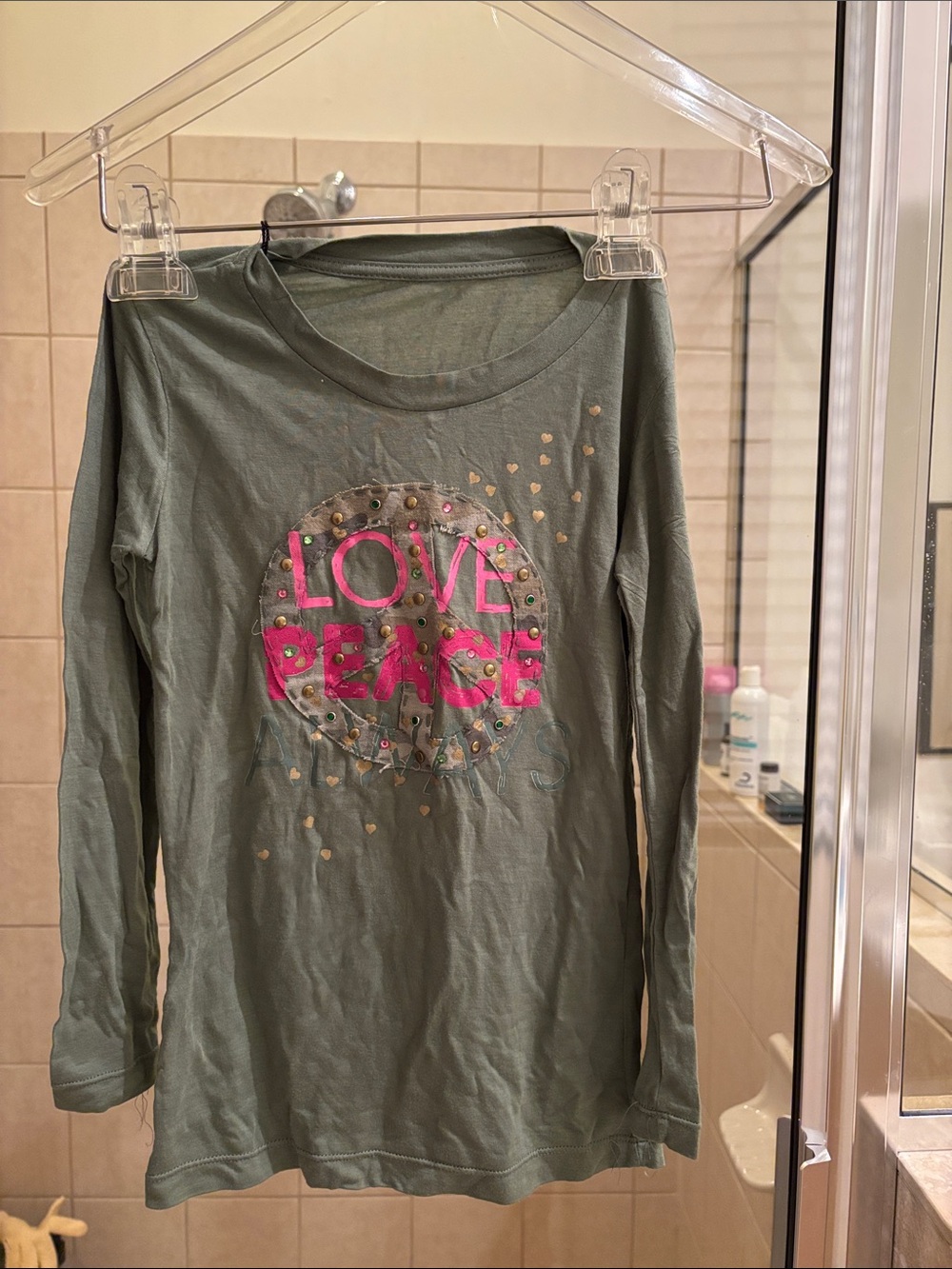 Flowers by Zoe Olive Green Tee with Hot Pink "LOVE PEACE" Graphic and Gold Studs